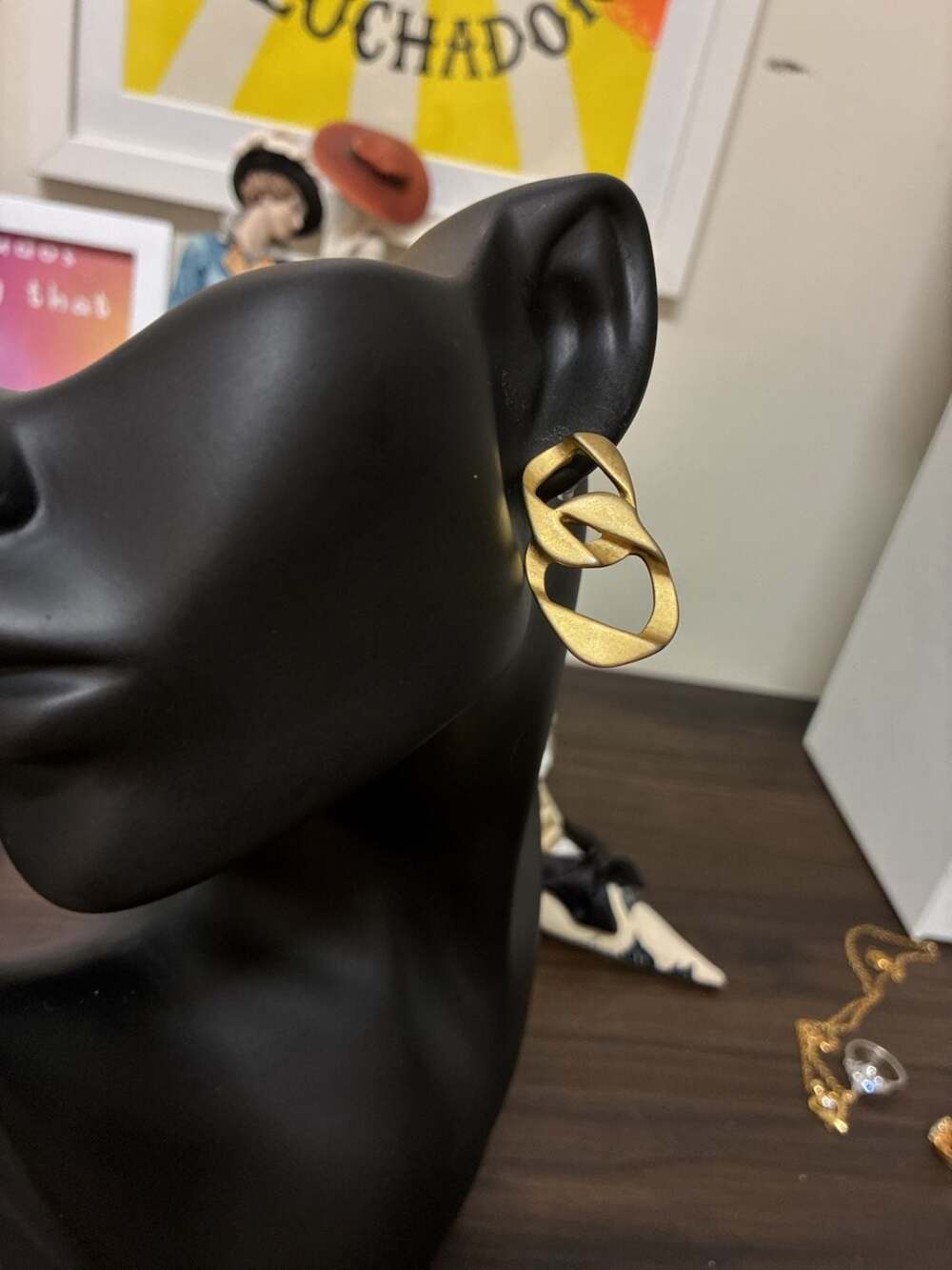 Perris Gold Tone Link Pierced Earrings Brushed Metal Abstract Dangle